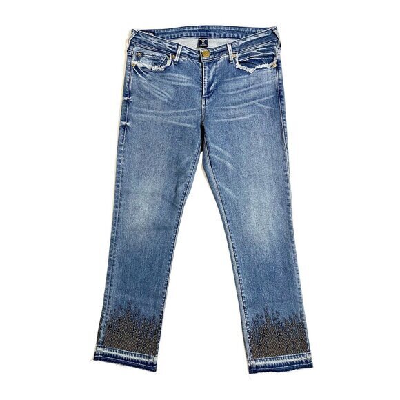 True Religion Jeans Cora Straight Crop Jeans Bead Hem Gypset Blue SZ 29 New - Picture 1 of 9